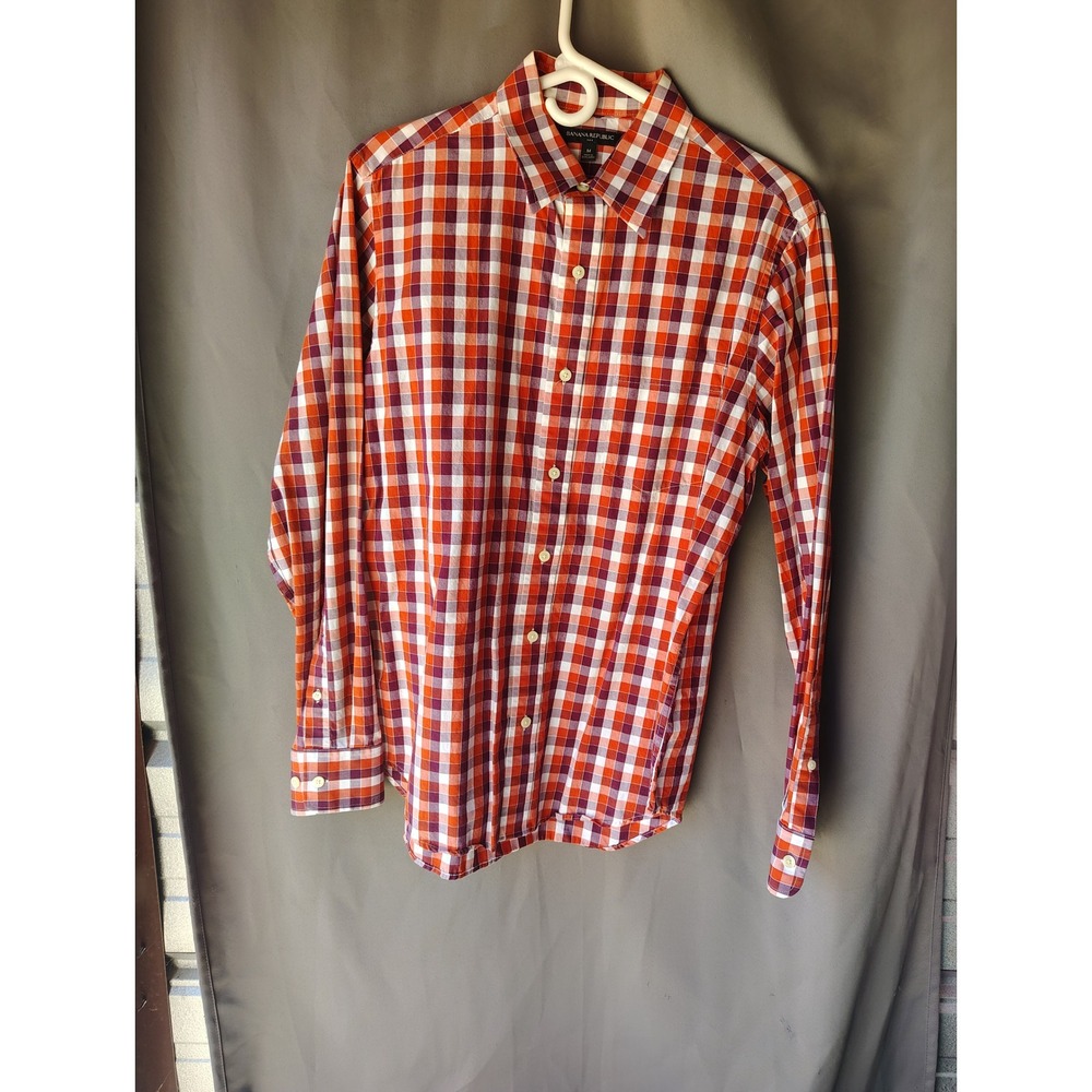 Banana Republic Mens Medium Orange Red Plaid Button Down Long Sleeve Shirt M